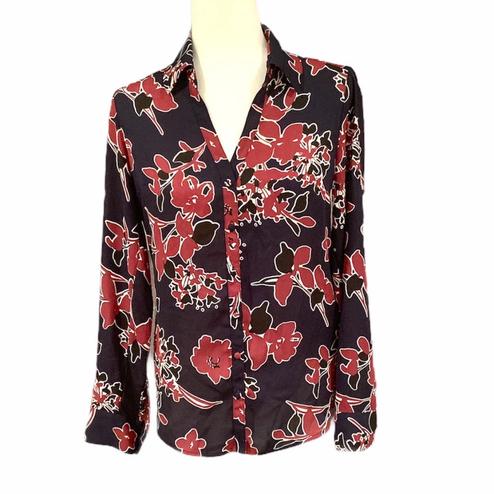 Express Portifino Black Red Floral Long Sleeve Button Up Blouse